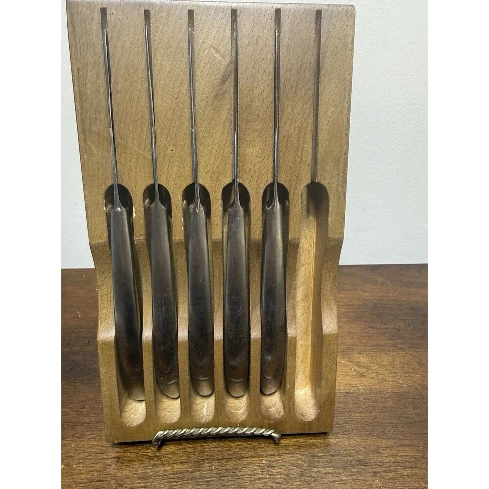 Vintage MCM Steak Knife Set 6pc Stainless Steel Oak Block Stand Curved Japan
